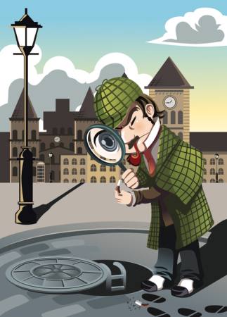 Sherlock, kanalizacija, miesto, detektyvas, vyras, didinamuoju stiklu Artisticco Llc - Dreamstime