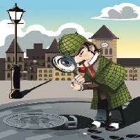 Pixwords Vaizdas su Sherlock, kanalizacija, miesto, detektyvas, vyras, didinamuoju stiklu Artisticco Llc - Dreamstime