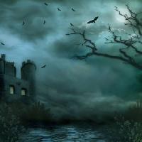 Pixwords Vaizdas su naktį, rūkas, dulkės, pastatas, paukščiai, medis, brances, pilis, kelių Debbie  Wilson - Dreamstime