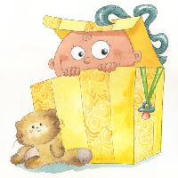 Pixwords Vaizdas su dėžė, vaikas, vaikas, kittie, katė, dovanos Carla F. Castagno (Korat_cn)