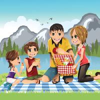Pixwords Vaizdas su kalnas, iš durų, vaikai, šeima, krepšys, valgyti Artisticco Llc - Dreamstime
