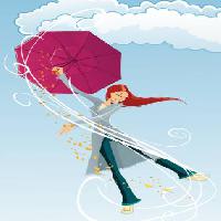 Pixwords Vaizdas su skėtis, mergaitė, vėjas, debesys, lietus, laimingas Tachen - Dreamstime