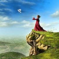 paukštis, moteris, uolos, žalia dangus, musė Andreus - Dreamstime