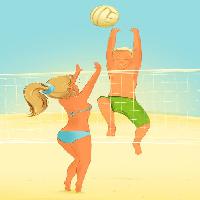 Pixwords Vaizdas su žaisti, kamuolys, paplūdimys, neto, šuolis, mergina, moteris, vyras, berniukas Fixara